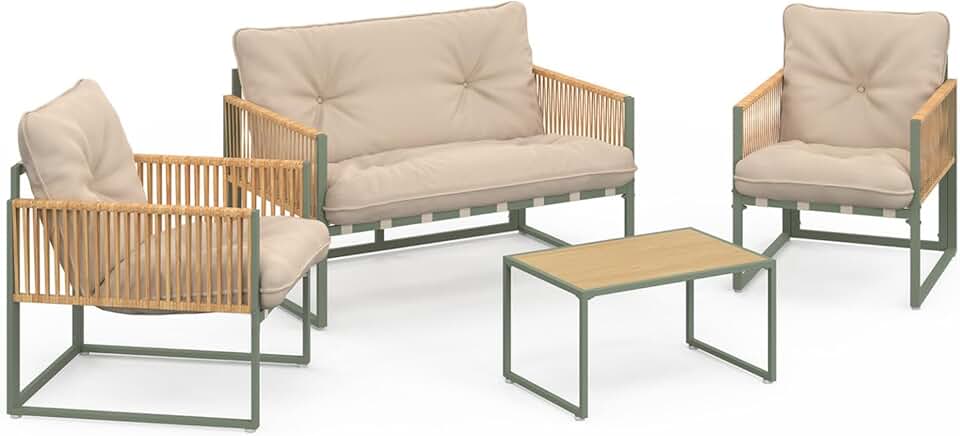 etevert - Rio - salon bas 4 places métal vert, cordage rotin, coussins beige