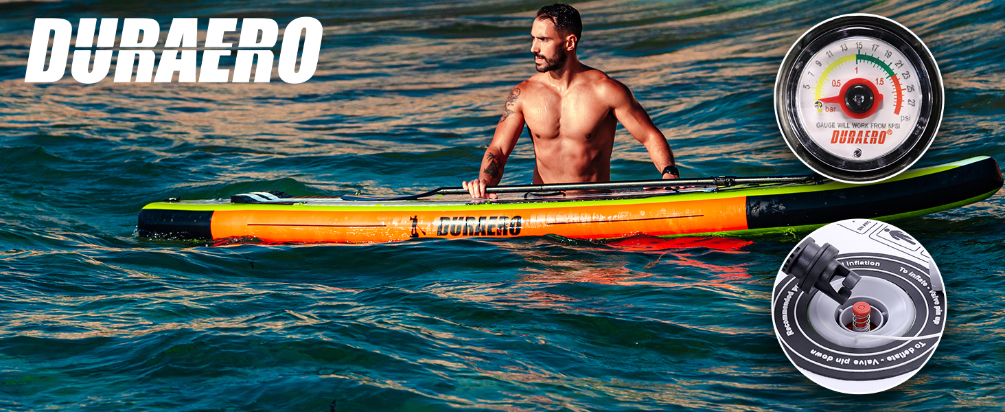 Homme pagayant sur une planche de surf colorée dans l'océan. Deux images de produits circulaires superposent la scène, montrant des articles de la marque etevert