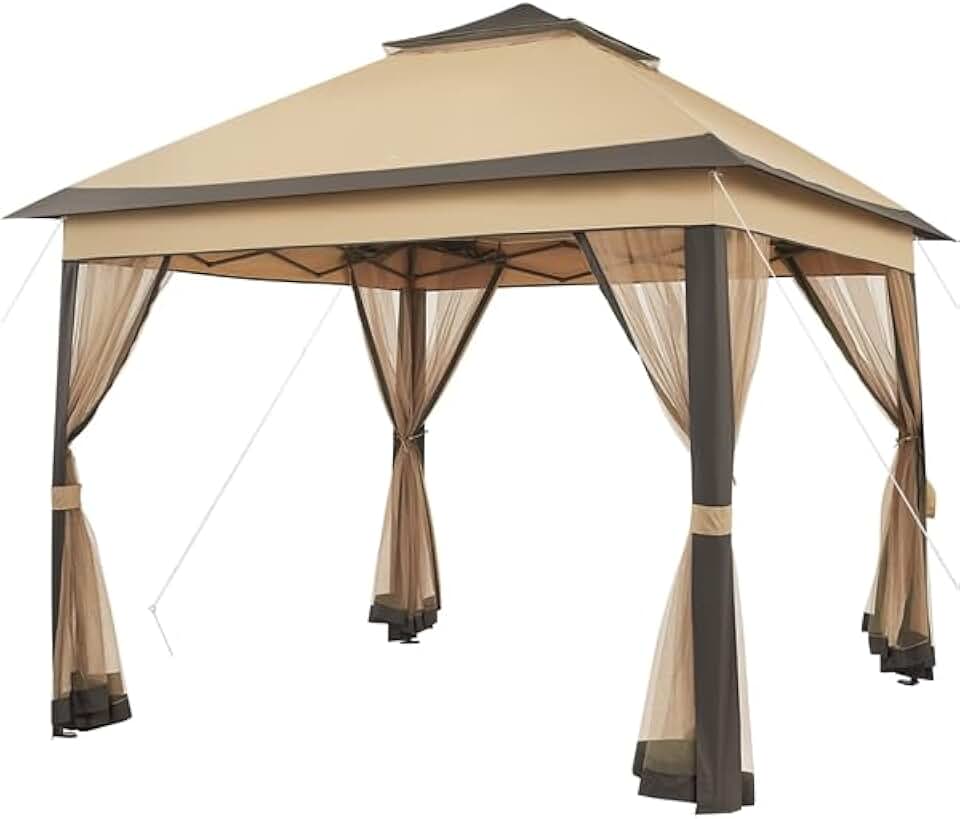 etevert - tonnelle jardin série kaki/brun - 3,3x3,3m - moustiquaires, toile imperméable