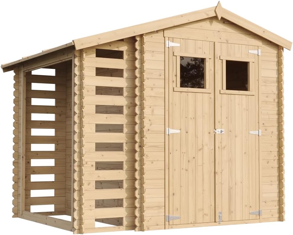 Abri de Jardin en Bois et Range bûches extérieur - Stockage extérieur I206xL272xH218 cm/ 3,53 + 0,97 m2 Petit abri à Outils, Local à vélos - etevert M386