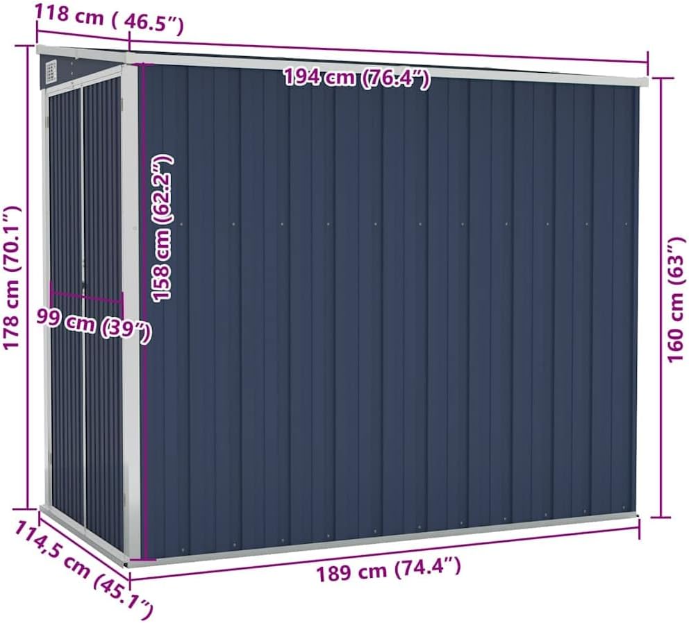 etevert Abri de Jardin Mural Anthracite 118x194x178 cm Acier