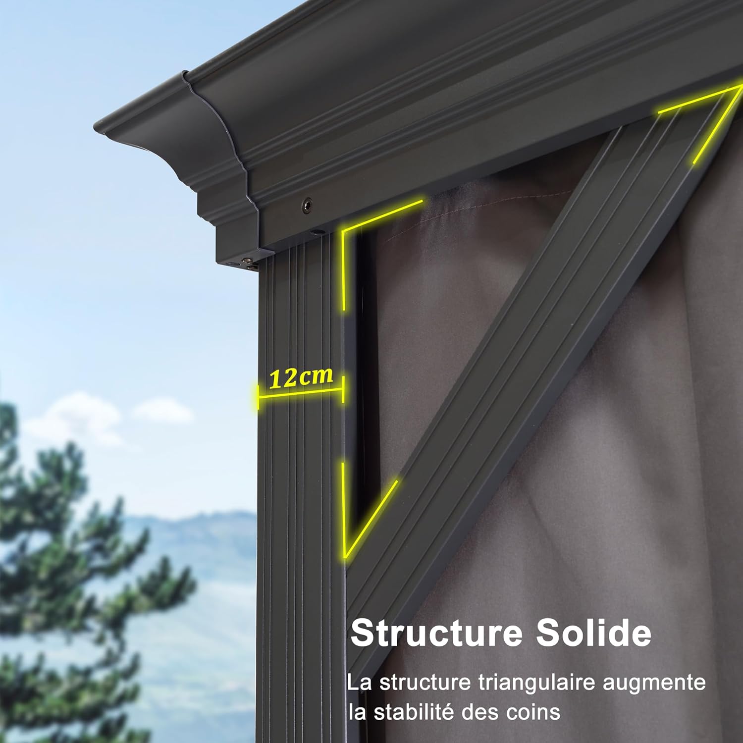etevert - tonnelle aluminium - 6x3,65m - LED, rideaux, gouttière, gris