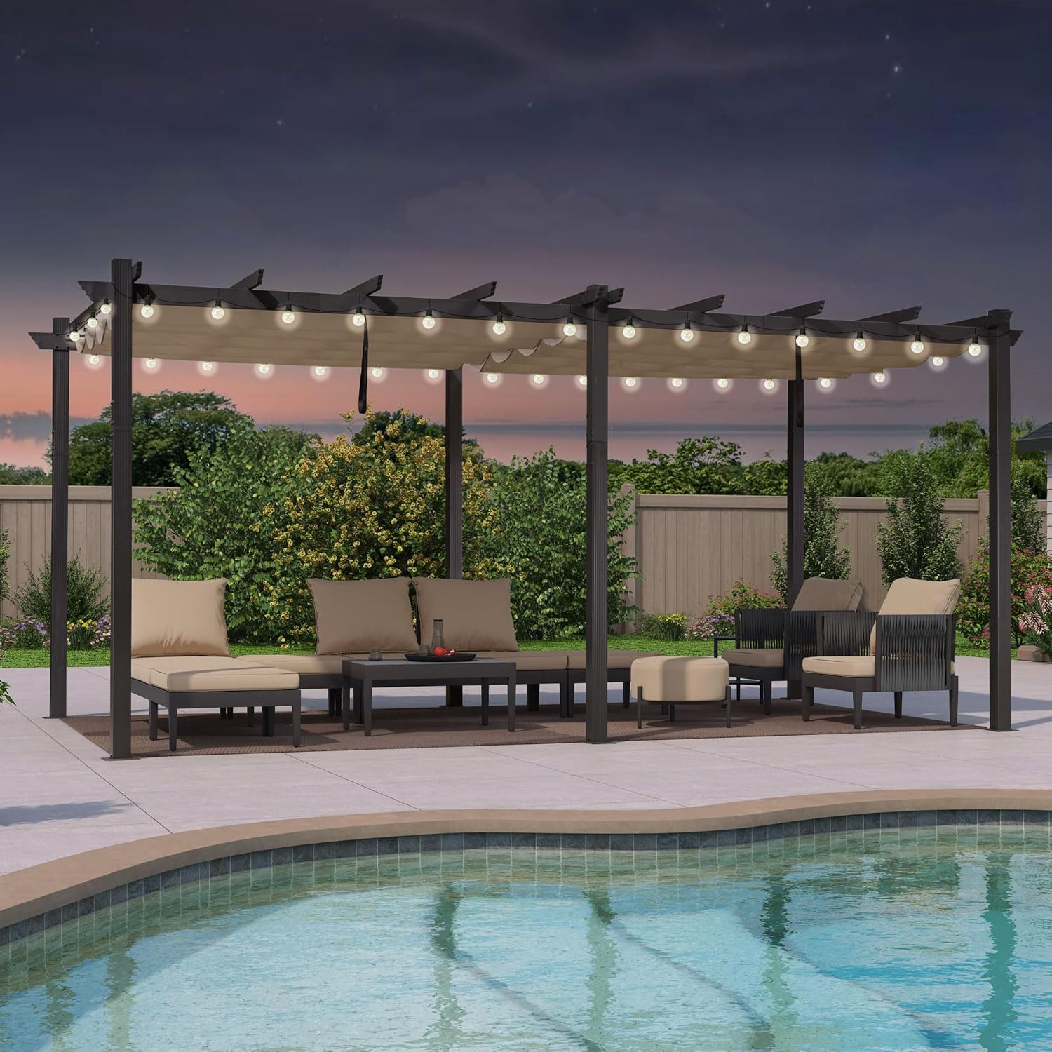 etevert - pergola aluminium 5,5x3,5m toit rétractable LED kaki