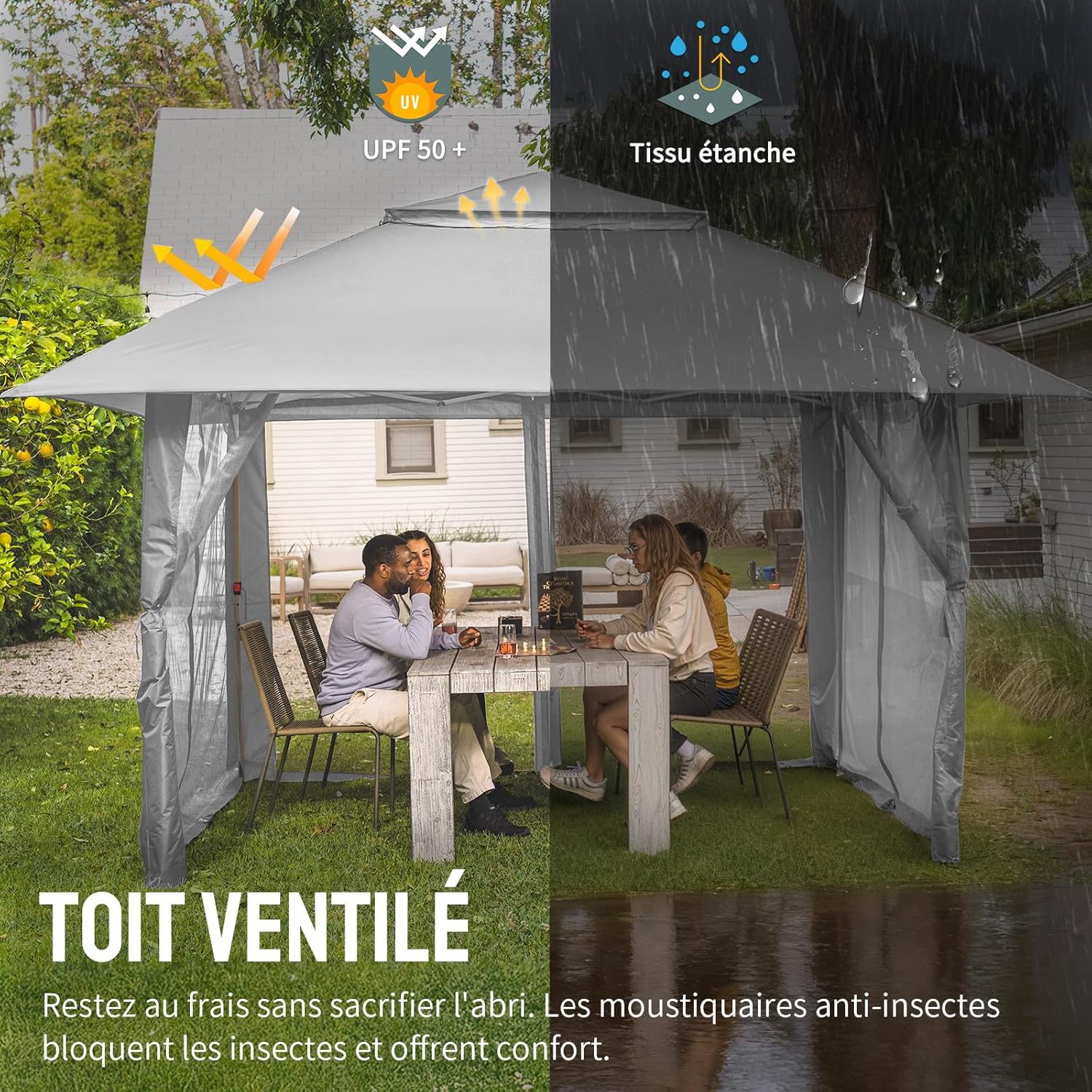 etevert - tonnelle jardin pop up - 4x4 m - double toit, côtés maille, hauteur réglable
