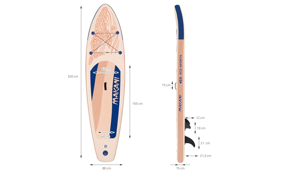 etevert Planche stand up paddling abricot Makani 320x80x15 cm SUP gonflable Planche paddle surf