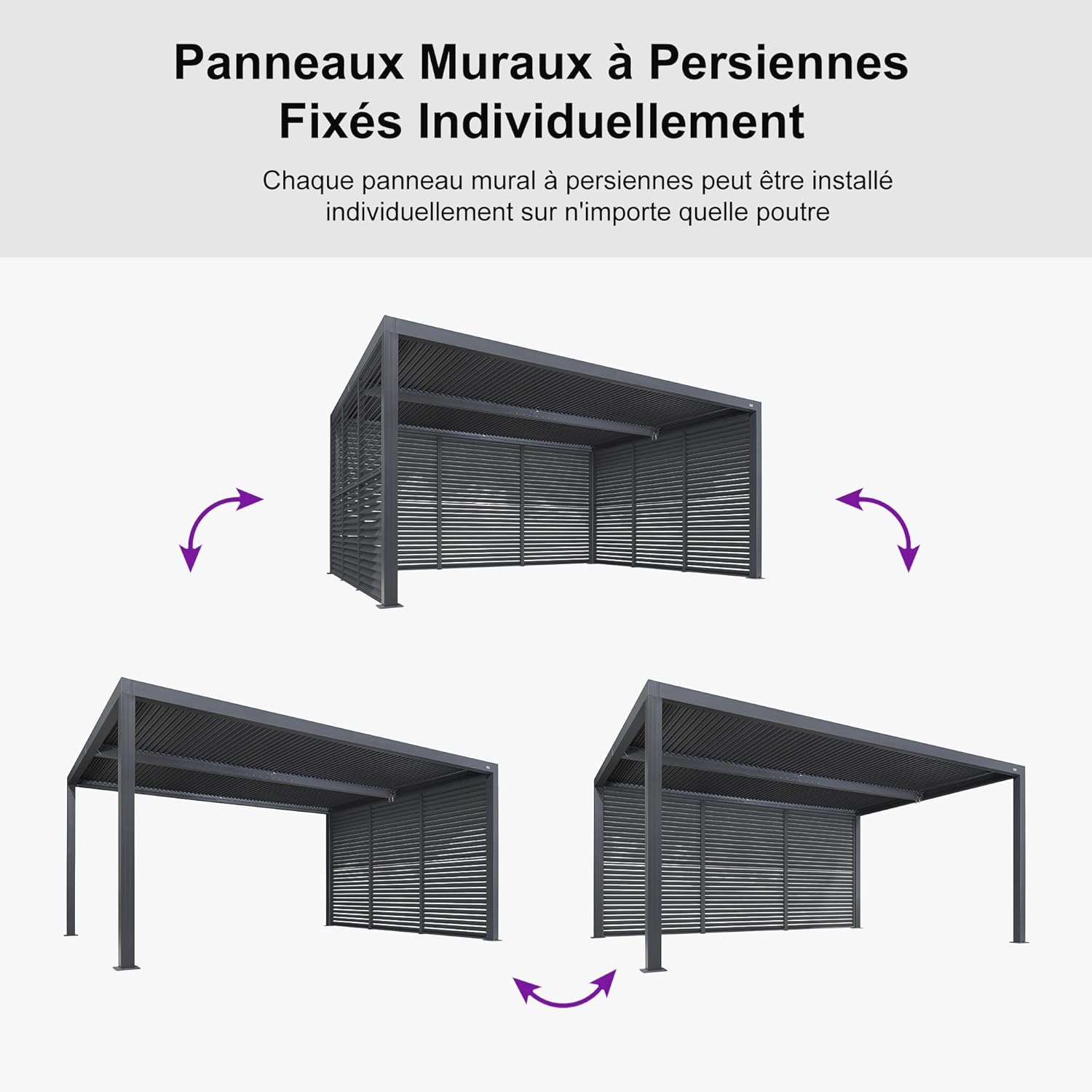 etevert - Pergola bioclimatique série aluminium - 4,8x3,68m - lames orientables, persiennes fixes, gris