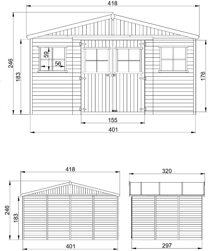 Abri de Jardin en Bois Exterieur avec Plancher IMPRÉGNÉ- Chalet en Pin/épicéa-H246x418x320 cm/12 m²- Construction de Panneaux - Rangement pour vélos, Remise à Outils- etevert M331+M331G