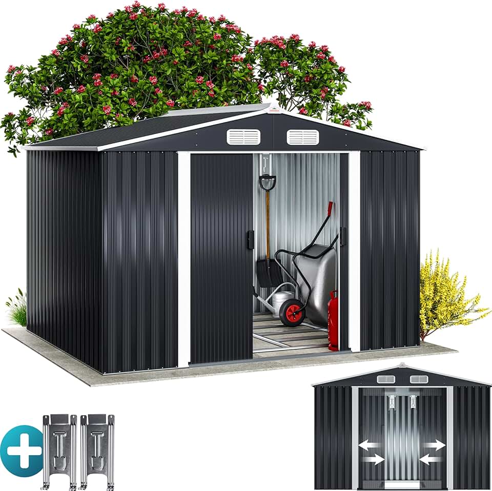 Abri jardin métal XXL - 260x205x180cm - Porte coulissante, fondation, rangement outils -  etevert