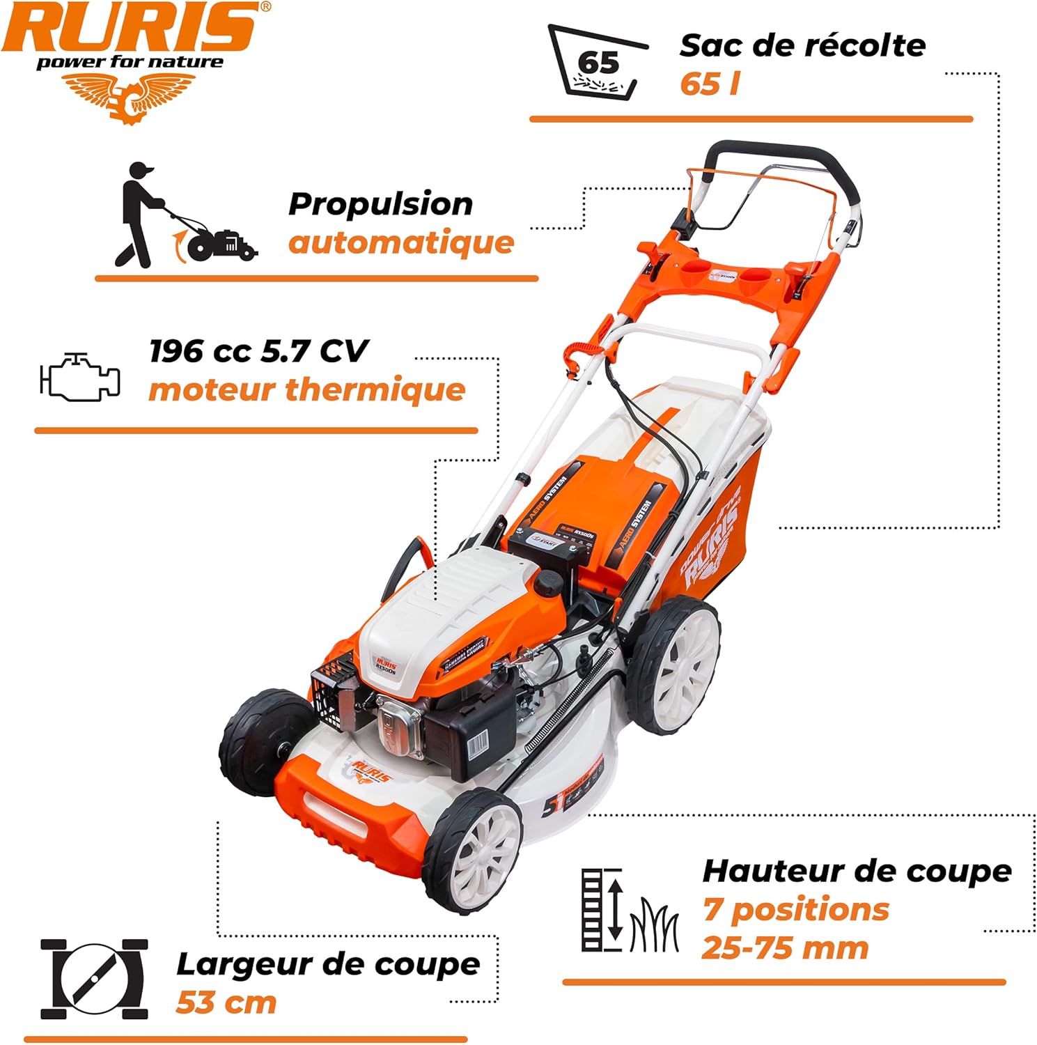 etevert Tondeuse à Gazon Thermique 5 en 1 Mulching 5,7 CV 196cc RX500S, Orange