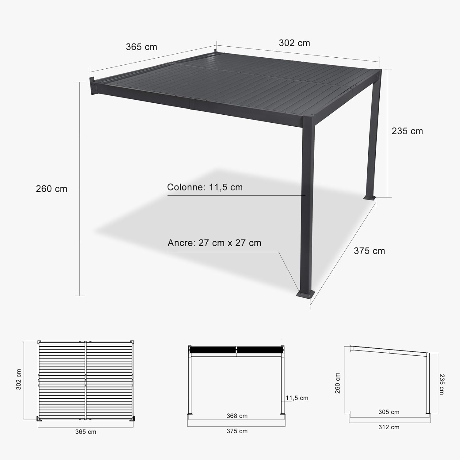 etevert - Pergola adossée 3x3.65m aluminium lames orientables durable