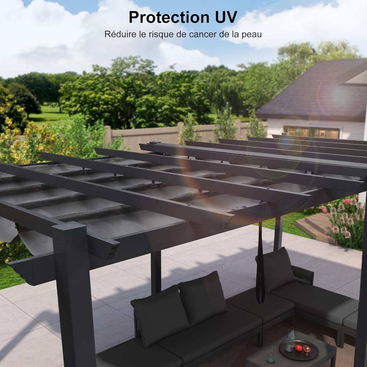 etevert - Pergola Aluminium - 5,5 x 3,5 m - Toit coulissant, tissu teint en fil, gris