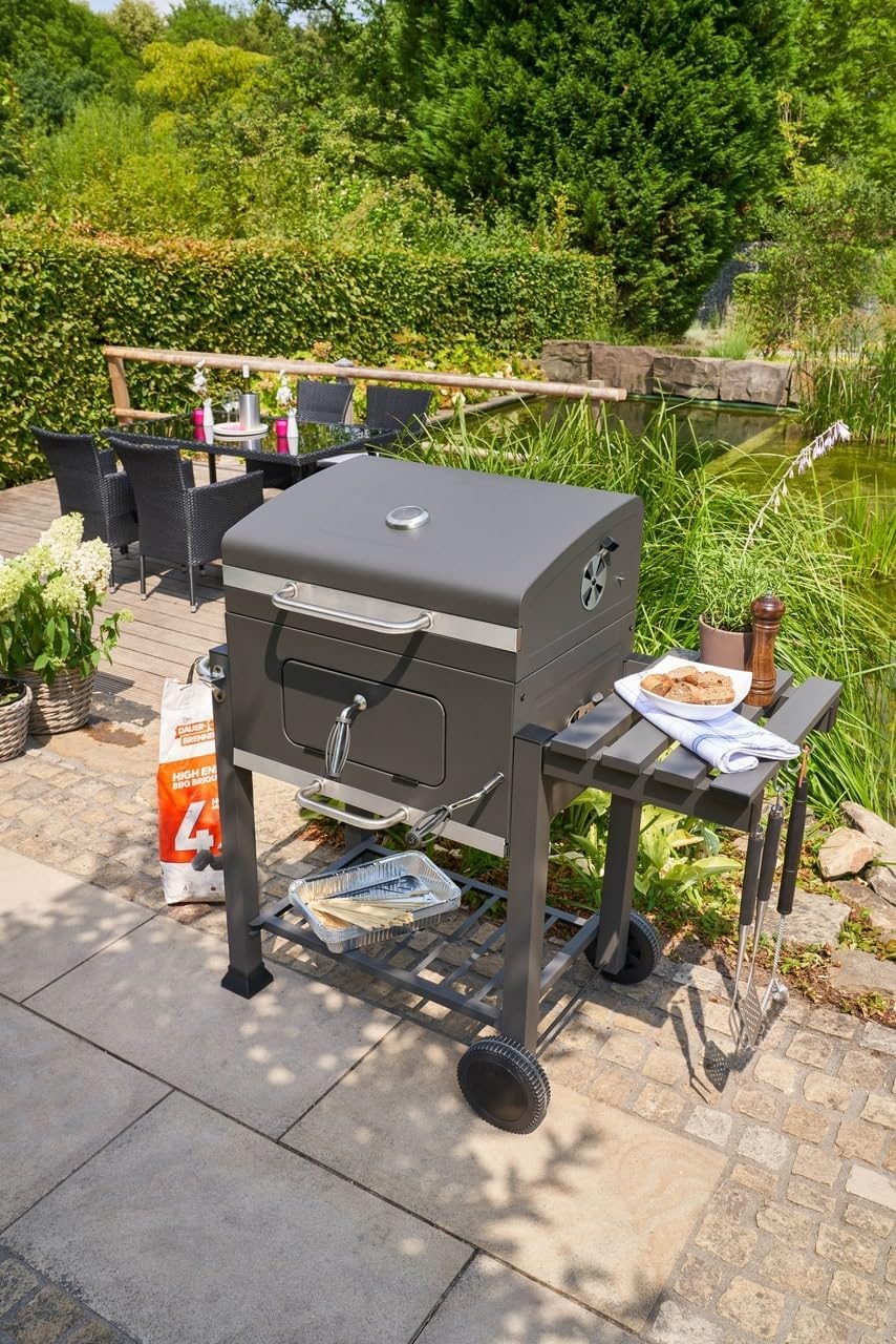 etevert - Memphis - acier, grille, tablette pliable, roulettes, thermomètre, bac à cendres