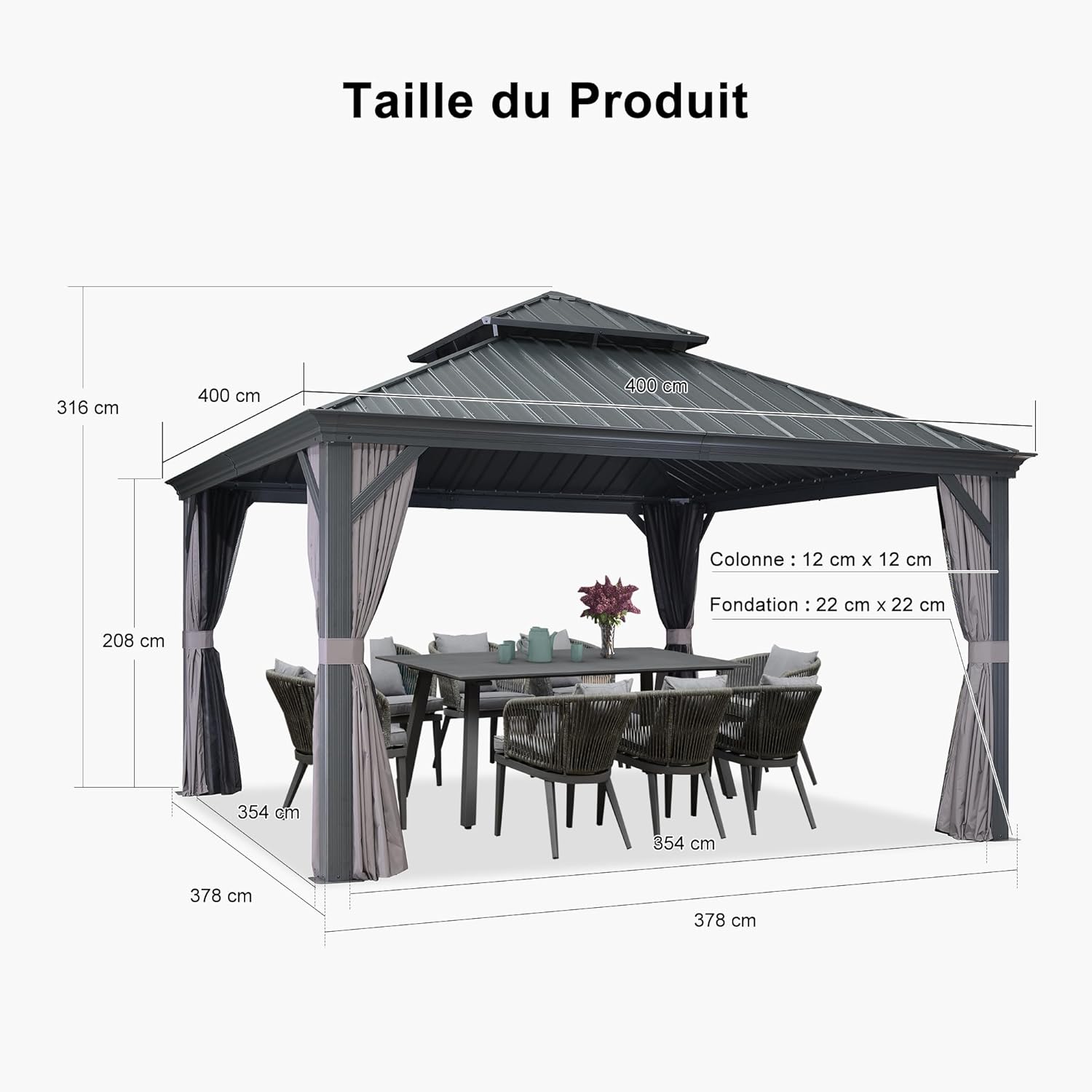 etevert - tonnelle double toit acier 4x4m, rideaux, moustiquaire