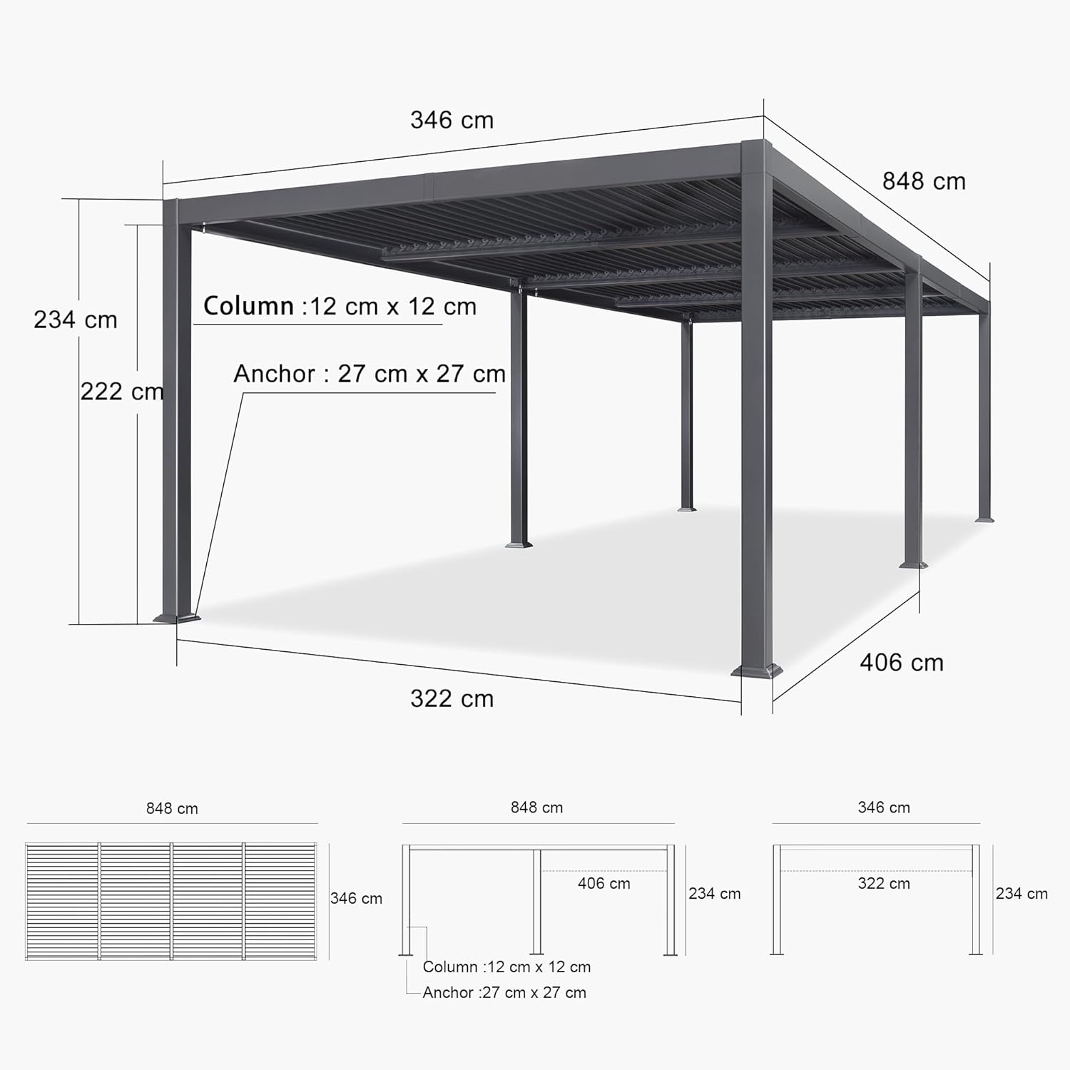 etevert - Pergola bioclimatique série - 3,5x8,5m - aluminium, lames orientables, jardin, terrasse, gris