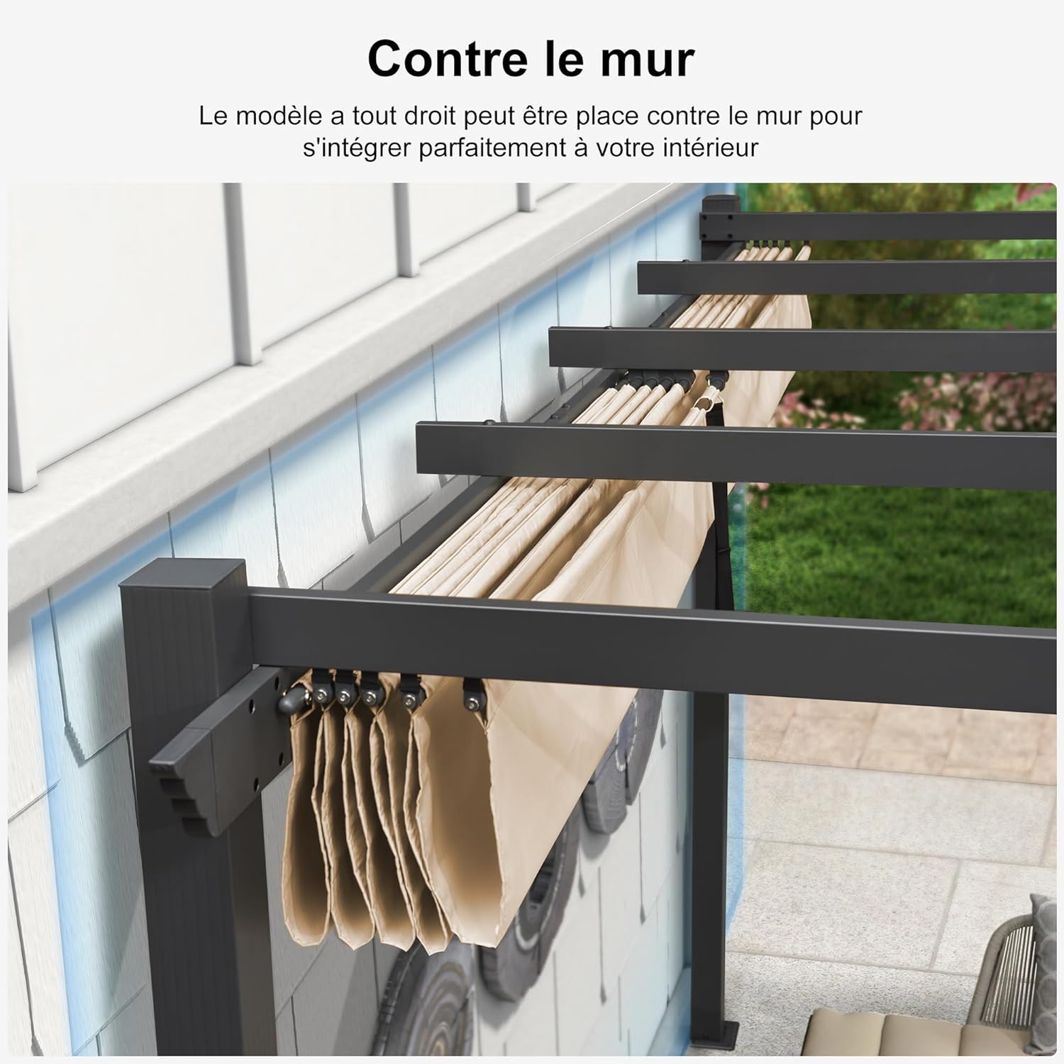 etevert - Pergola murale - 4 x 2,7 m - toit coulissant alu, tissu kaki