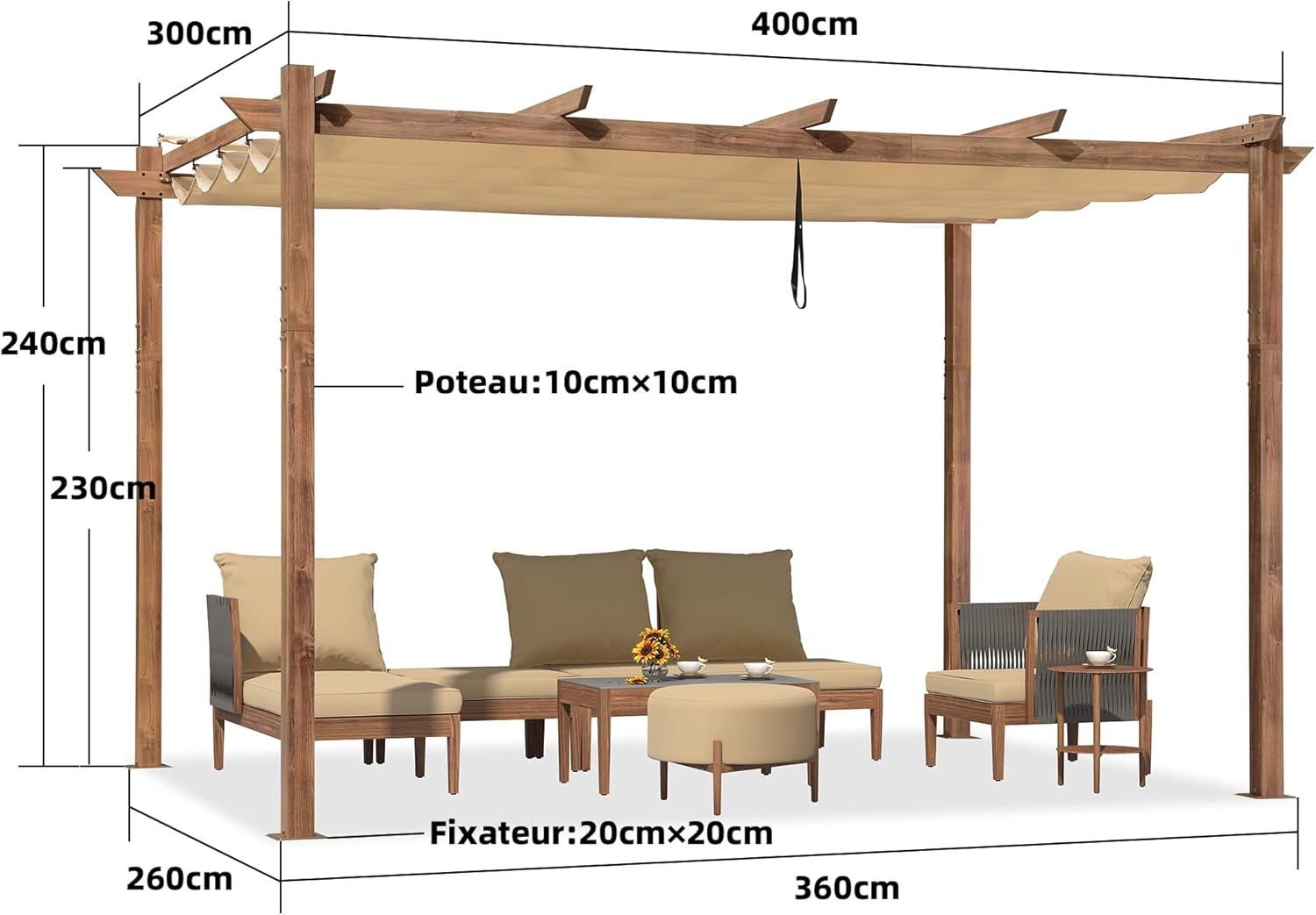 etevert - Pergola aluminium 4x3m, toit rétractable, éclairage intégré, finition teck, kaki