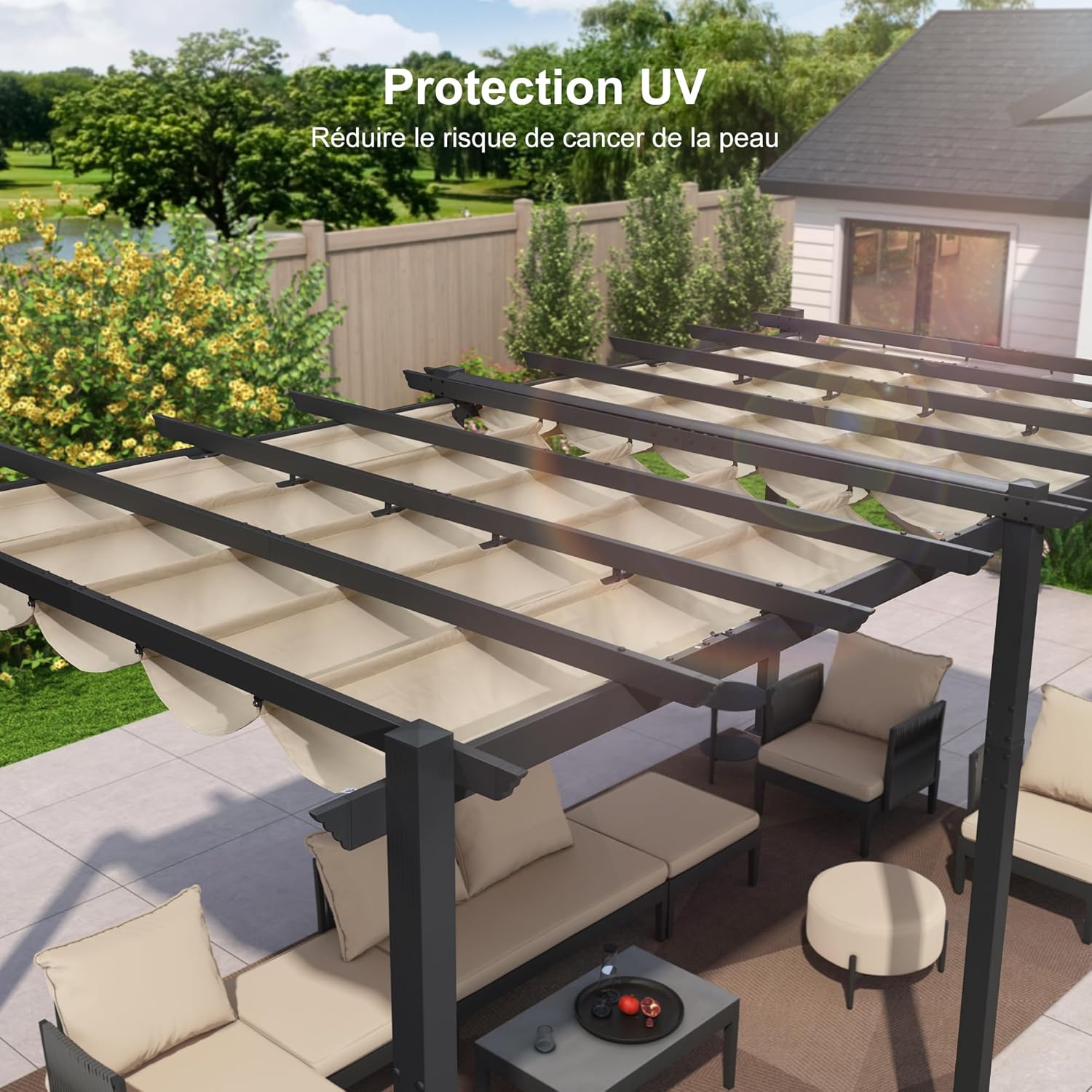 etevert - Pergola aluminium série - 5,5x3,5m - toit coulissant, tissu teint en fil, kaki