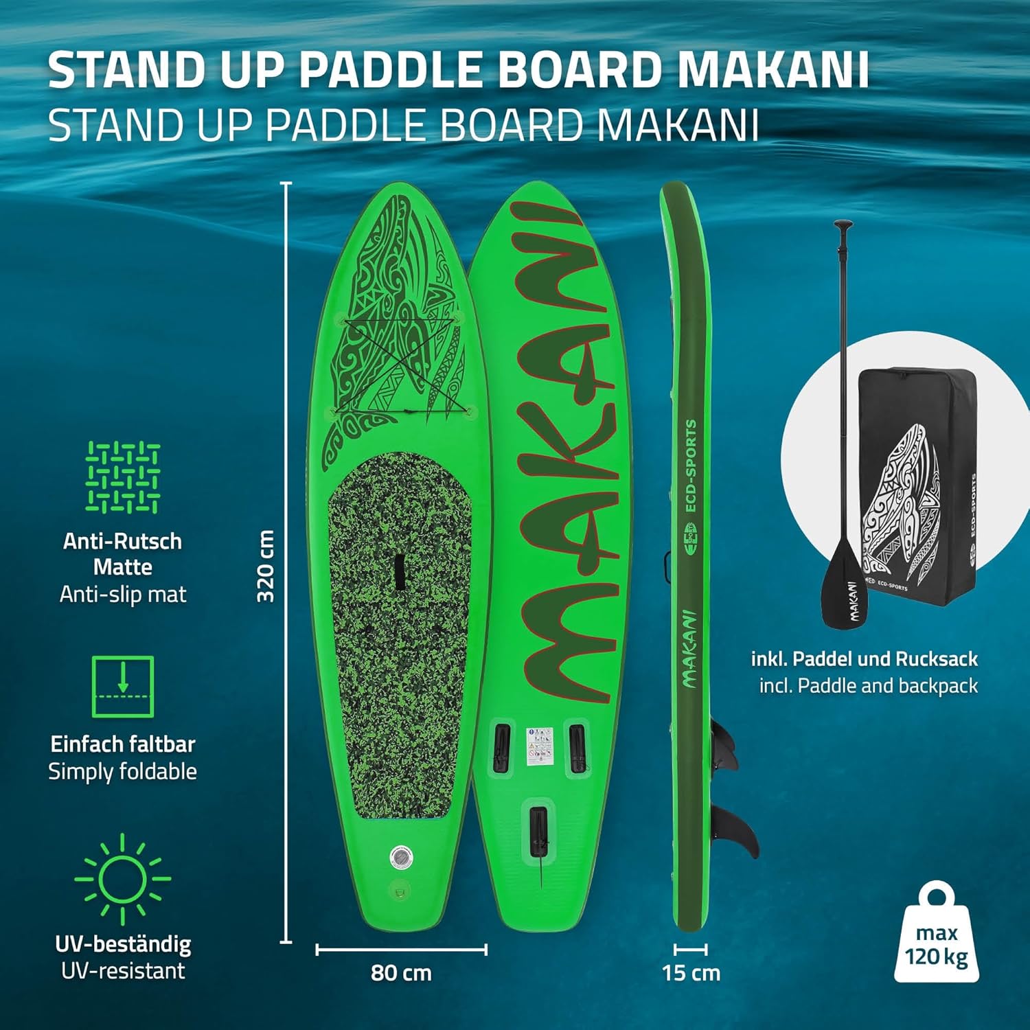 etevert - planche stand up paddle - 305/308/320/380 cm - PVC, jusqu'à 150 kg, 10/15 cm d'épaisseur