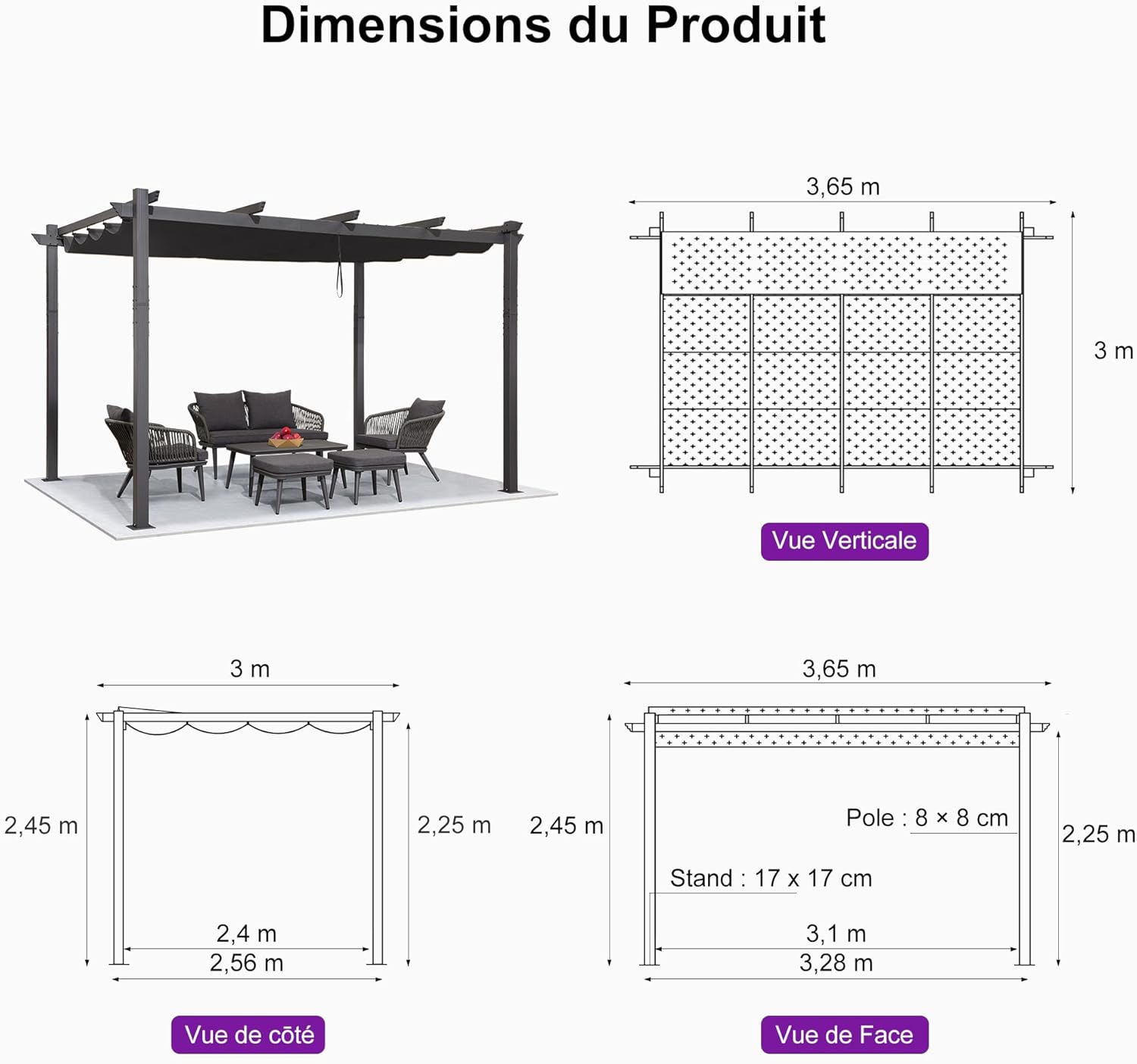 etevert - Pergola aluminium, 3,65x3m, toile coulissante, gris