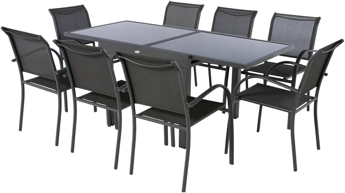 etevert - Table Piazza Gris Graphite extensible 8 places - Aluminium anti-rouille, verre trempé, rallonge coulissante.