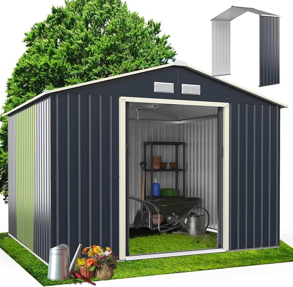 etevert Abri de Jardin Métal 7m2 avec Abri d'Extension Porte Coulissante, Cabane de Jardin Extérieur 267x256x202cm Outils de Jardin résistant aux intempéries, KX7177KV+FR