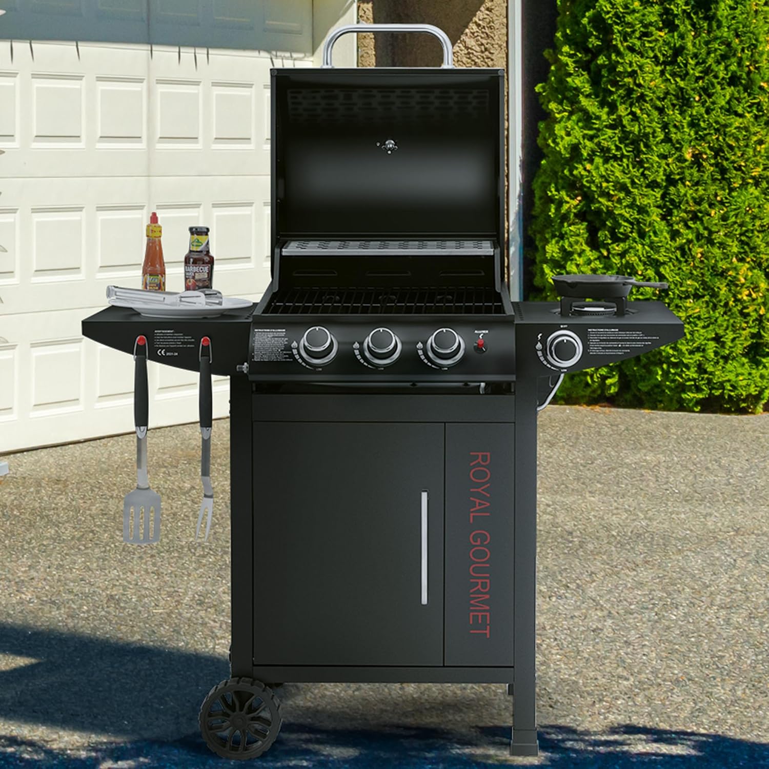 etevert - barbecue gaz 3+1 brûleurs inox - 11,5 kW - chariot, 2 roues, thermomètre