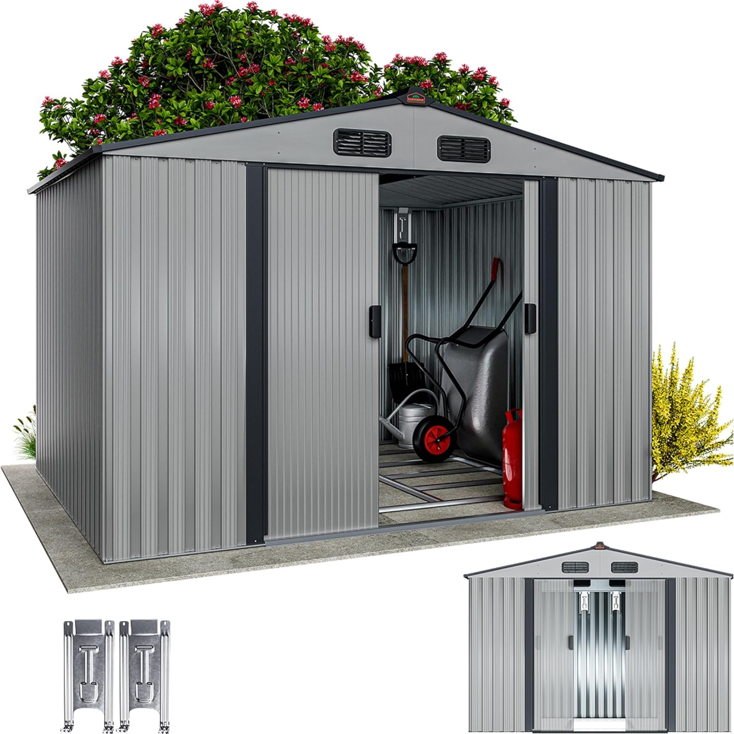 etevert - Abri de jardin métal XXL - 260x205x180cm - Porte coulissante, fondation, 9m³