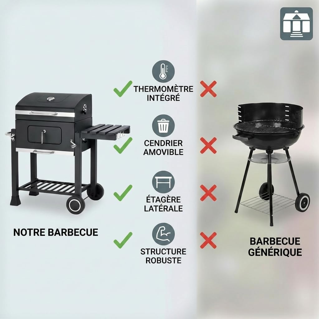 etevert - Memphis - acier, grille, tablette pliable, roulettes, thermomètre, bac à cendres