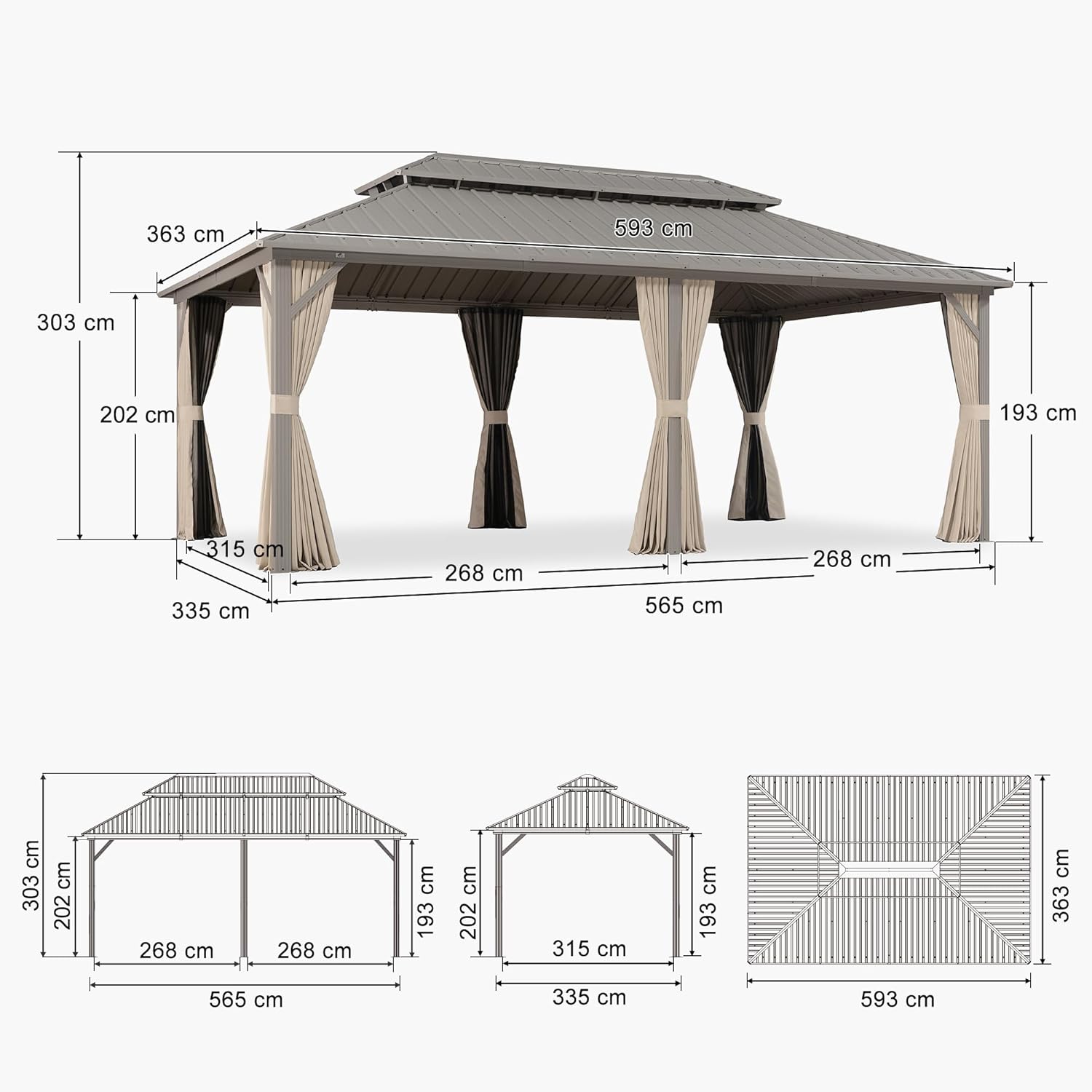 etevert Tonnelle de Jardin Extérieur 6 x 3,65 m avec Guirlande Lumineuse, Pergola Aluminium à Toit Rigide en Acier Galvanisé, Pavillon Imperméable pour Camping, Fête, Barbecue, Champagne