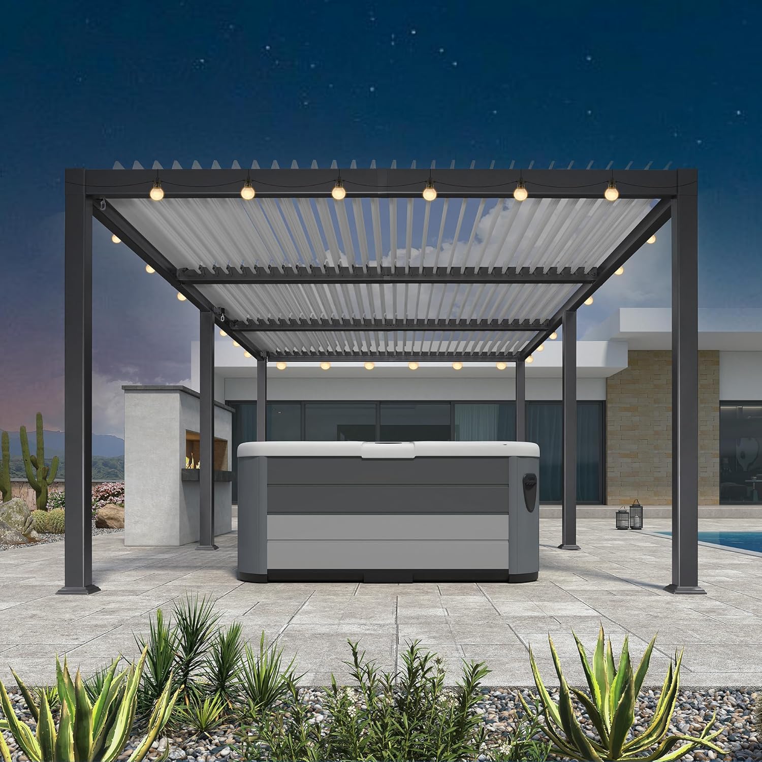 etevert - Pergola Bioclimatique - 6,35x3,5m - Aluminium, éclairage, lames orientables, poteaux blancs