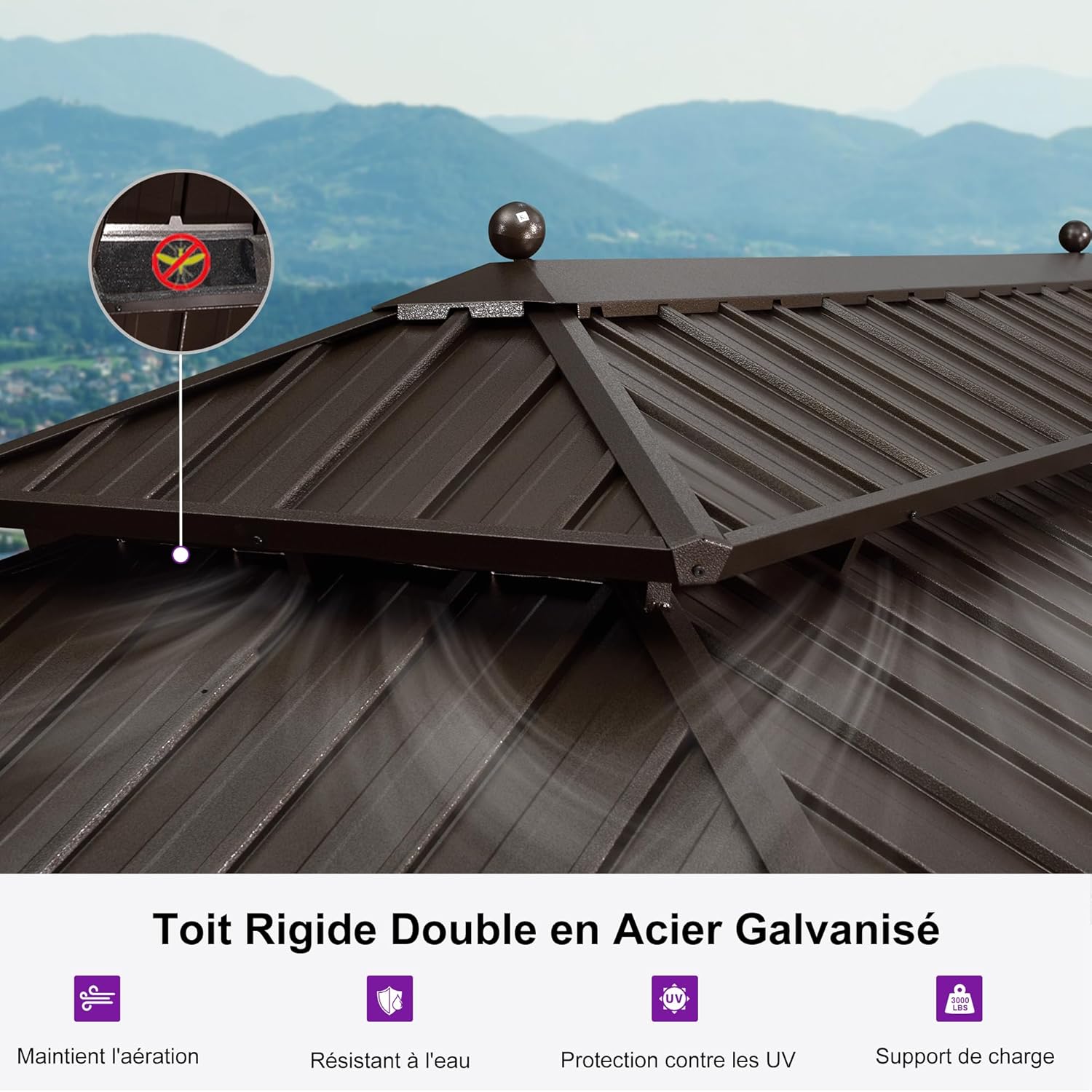 etevert - Double Toit Bronze - 6x3,65m - Rideaux épais, moustiquaire, gouttière, poteaux renforcés