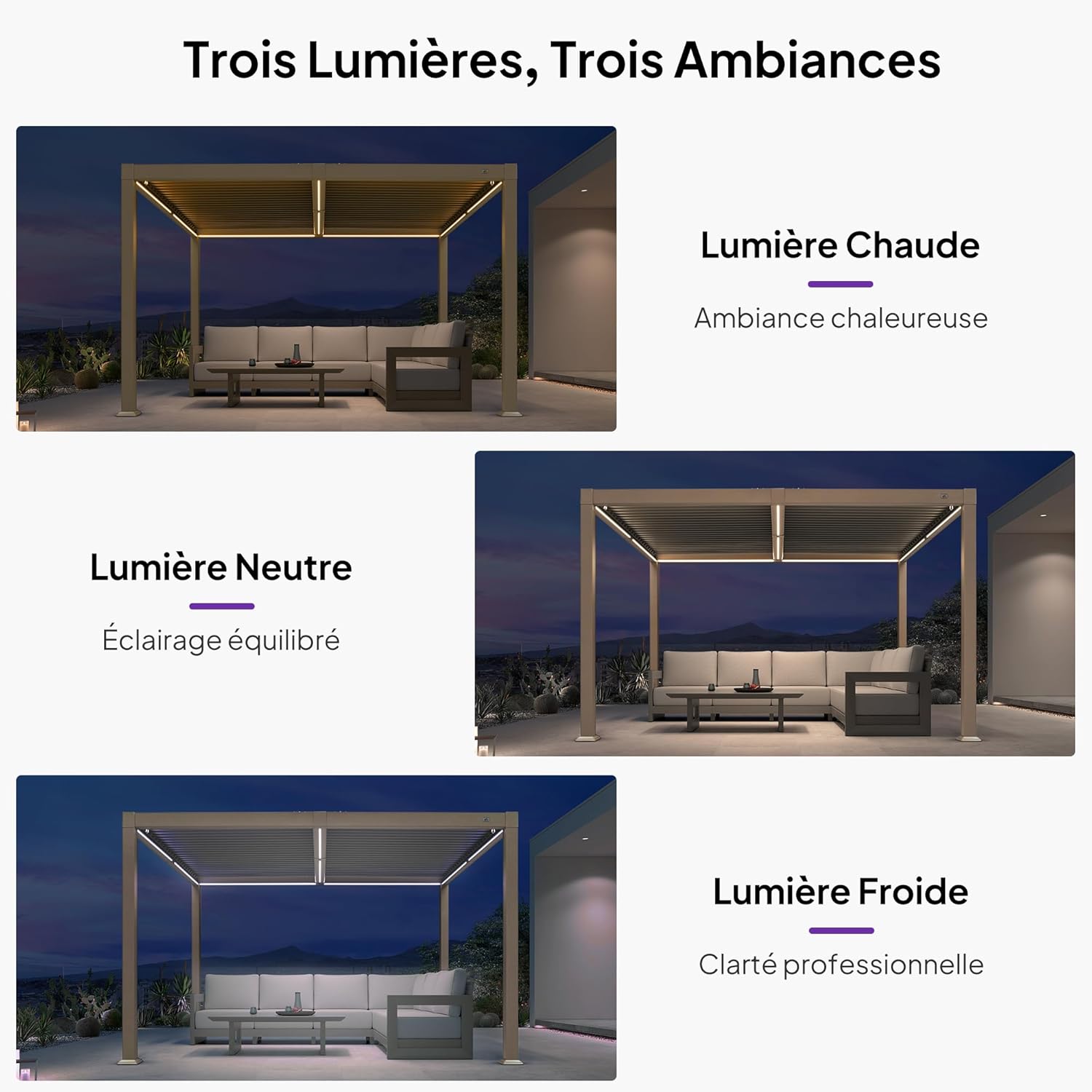 etevert - pergola bioclimatique LED - 3x3,65m - alu, lames orientables, étanche