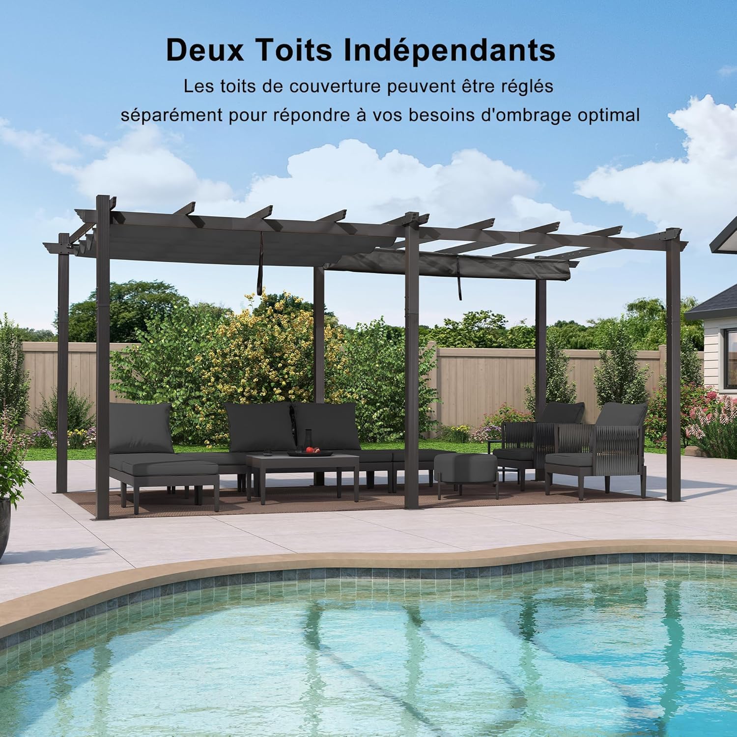 etevert - Pergola Aluminium 5.5 x 3.5 m - Éclairage LED intégré, toit rétractable, tissu teinté, structure résistant