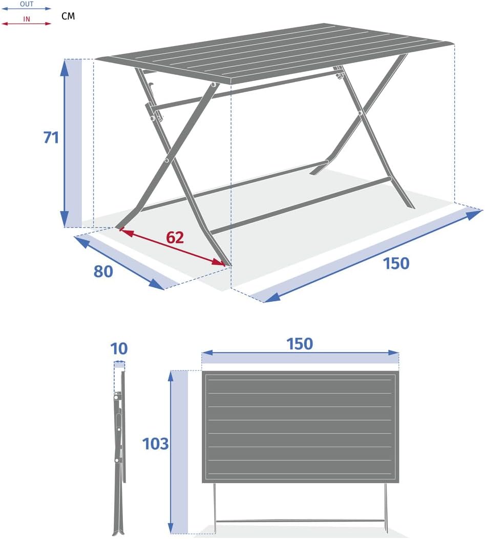 etevert - Azua série - rectangulaire pliante 6 places - aluminium epoxy antirouille