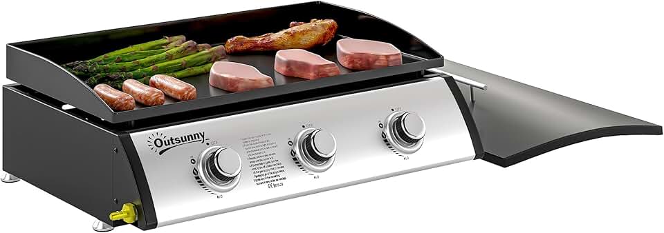 etevert - Plancha gaz 3 brûleurs, 61x35,5cm, couvercle, portable, 7,5kW