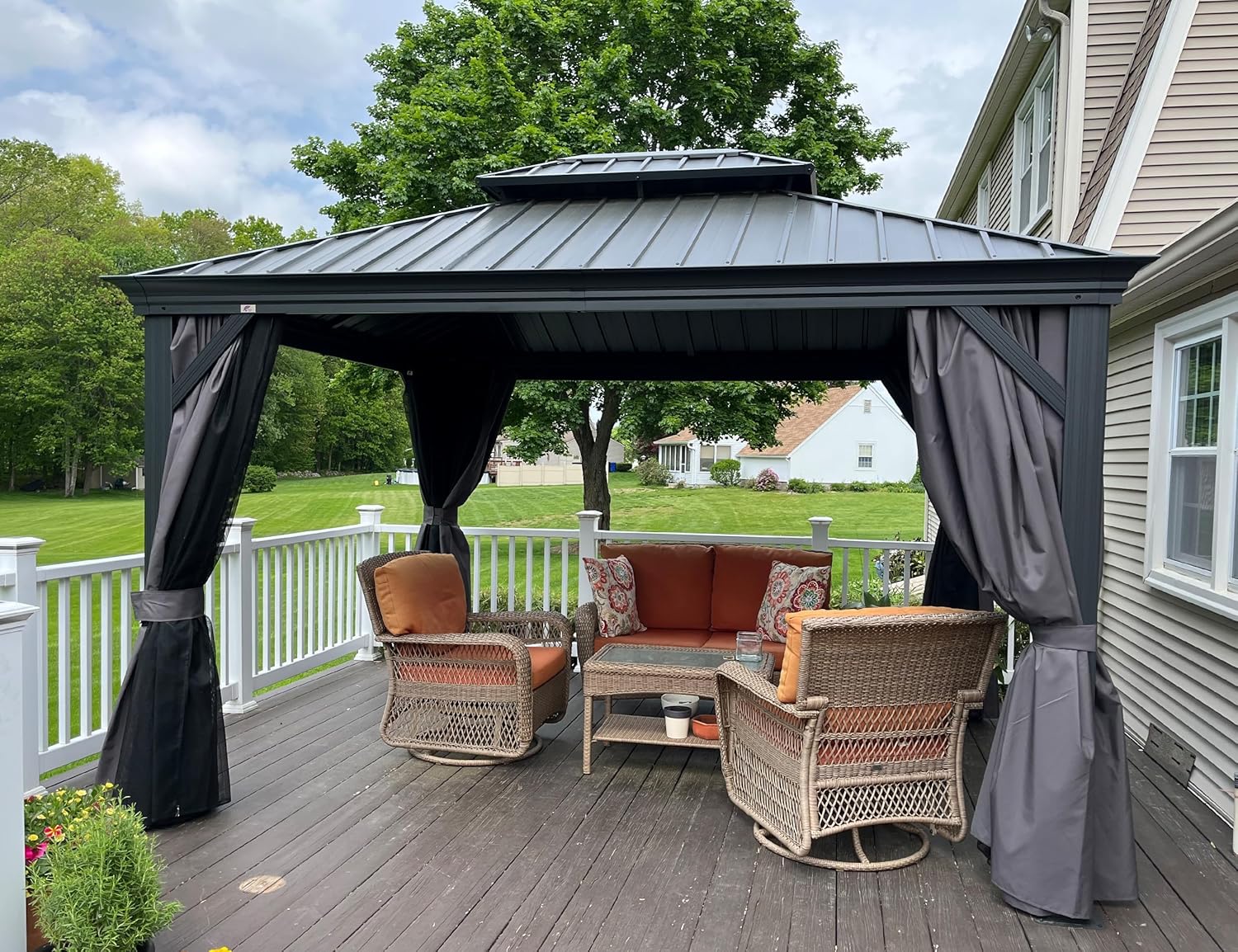etevert - pergola double toit acier 4x3m, moustiquaire, rideaux