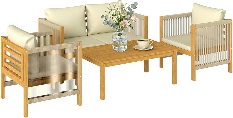 etevert - Salon de Jardin en Bois d'Acacia 4 pièces - Canapé, fauteuils, table - Coussins déhoussables, corde tressée, 