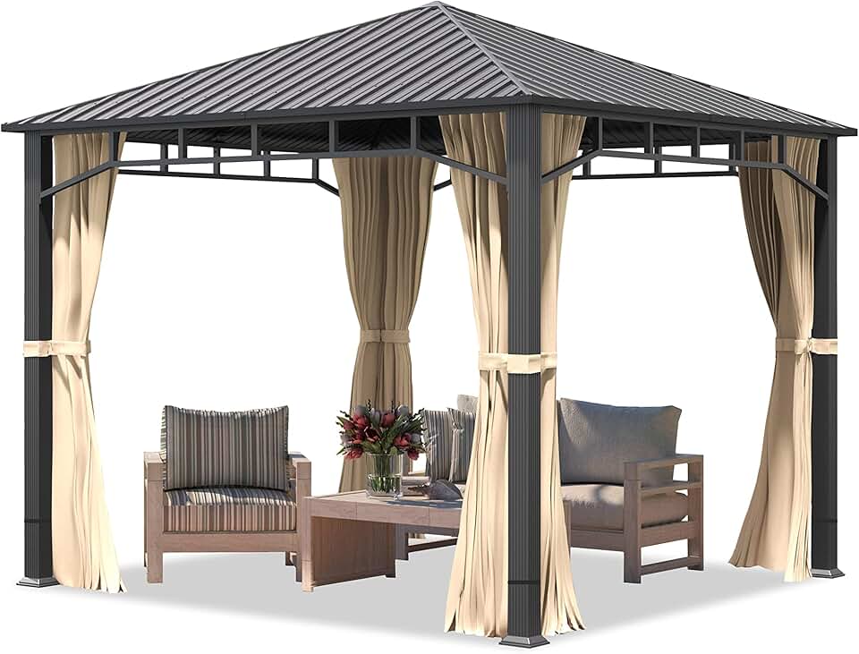 etevert - tonnelle de jardin série acier - 3x3m - toit acier, 4 parois champagne, montants 90x90mm