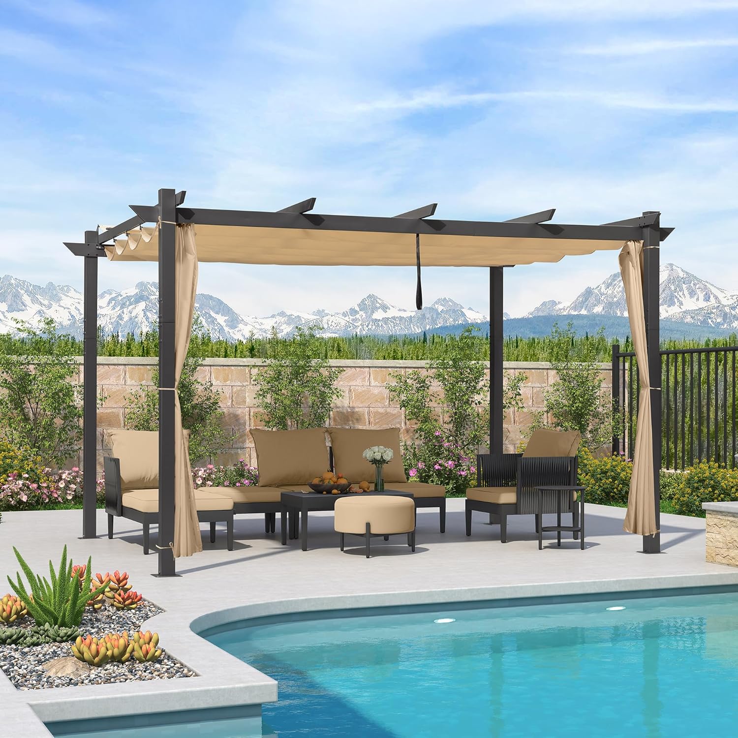 etevert - pergola aluminium - 4x3m - rideau, toit rétractable, kaki