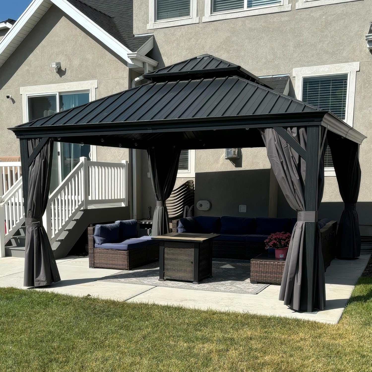 etevert - tonnelle double toit acier 4x4m, rideaux, moustiquaire