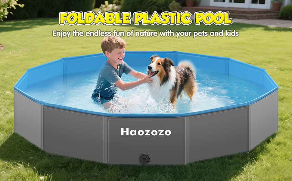 Grande « piscine en plastique pliable » octogonale de etevert. Piscine bleue remplie d'eau sur l'herbe, avec un enfant qui éclabousse avec un chien. Texte : « Profitez des joies infinies de la nature avec vos animaux de compagnie et vos enfants