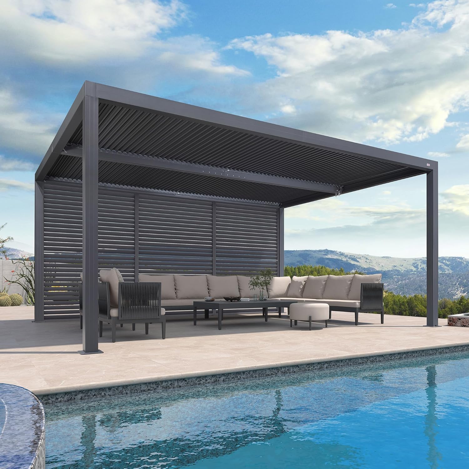 etevert - Pergola bioclimatique série aluminium - 4,8x3,68m - lames orientables, persiennes fixes, gris