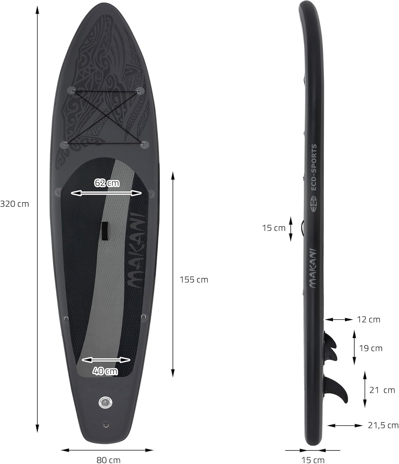 etevert - Stand Up Paddle Gonflable - 305/308/320/380 cm - PVC, 120/150 kg, épaisseur 10/15 cm