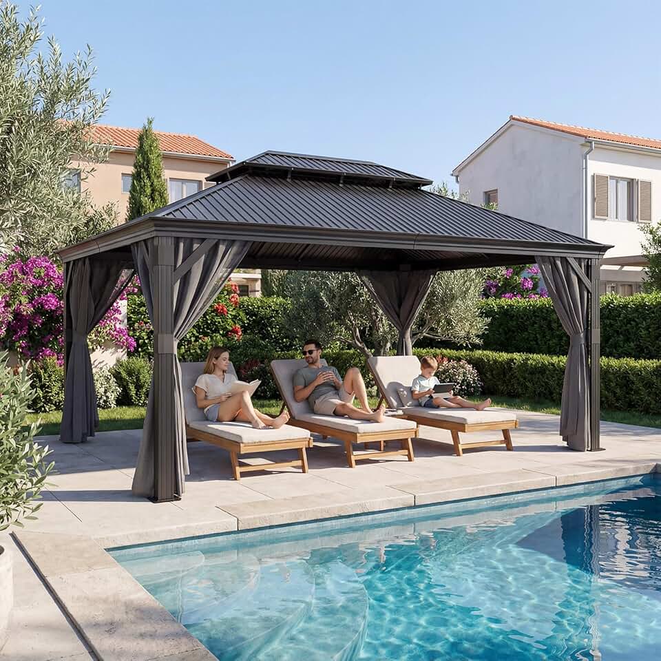 etevert - Hardtop Pavillon - 3,65x4,85m - Étanche, double toit, stores, moustiquaires