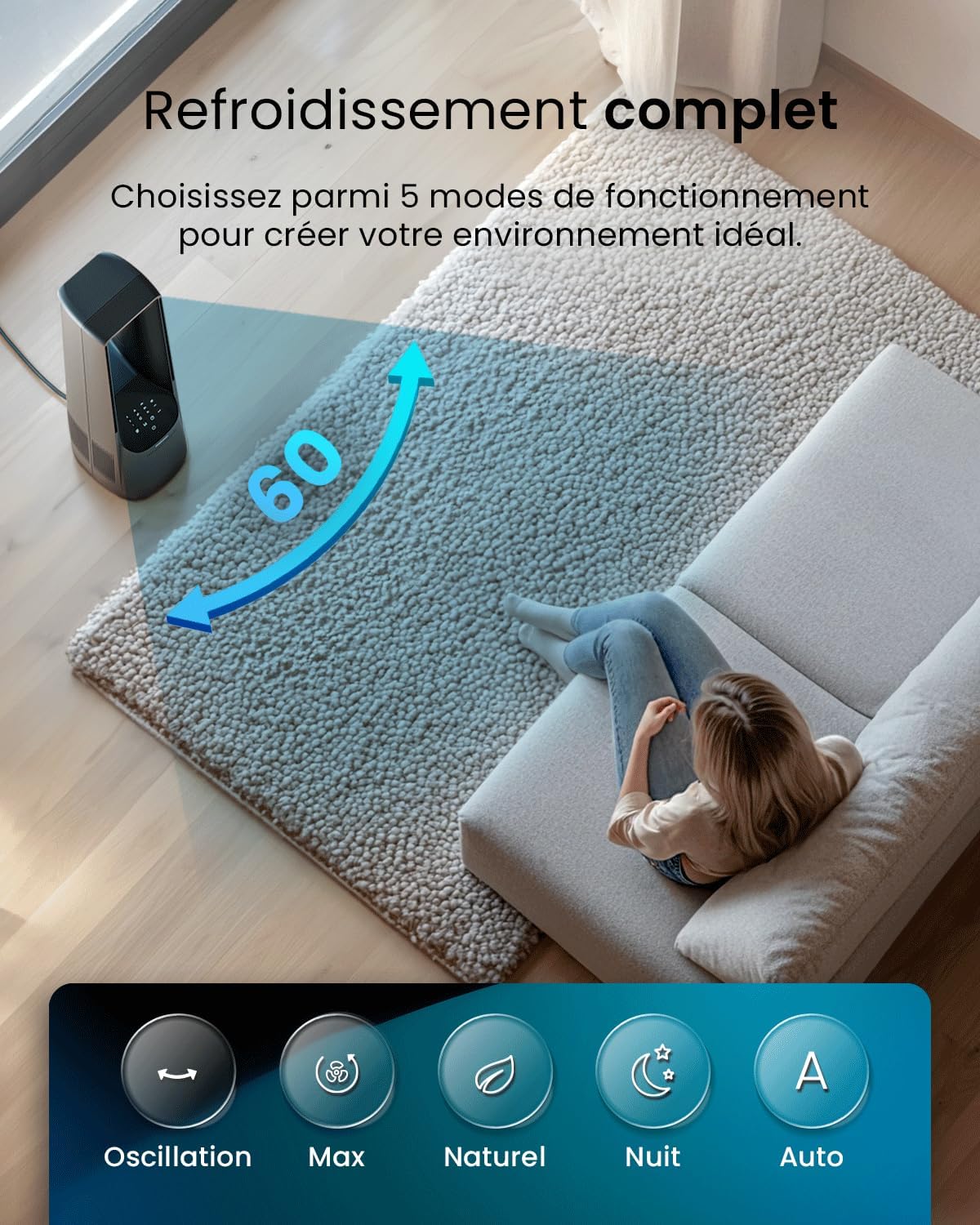 etevert - Ventilateur colonne sans pales - 101 cm - WiFi, ultra silencieux, LED, télécommande, 6 vitesses, 5 modes, o