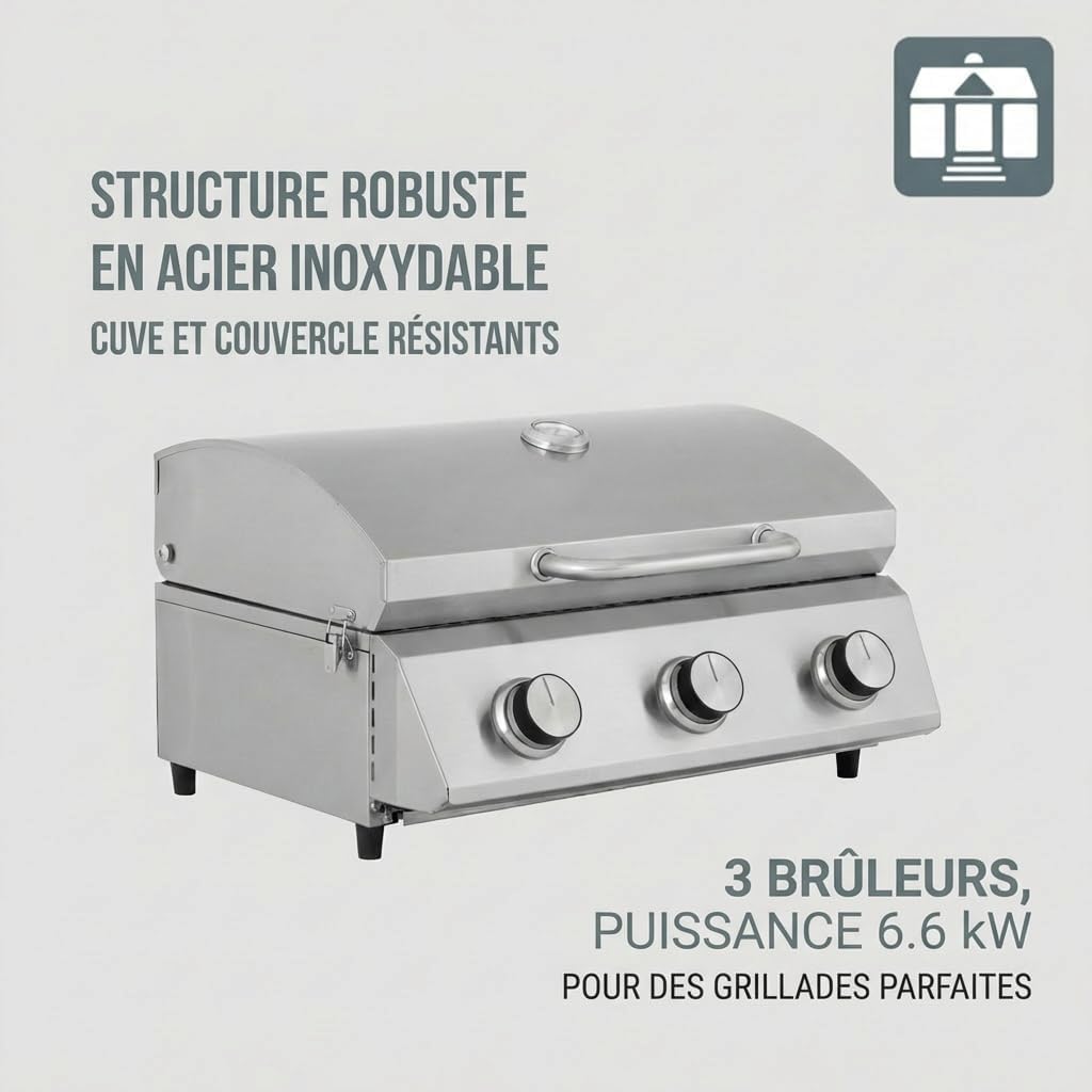 etevert - Barbecue à gaz portable - inox - 3 brûleurs, thermomètre, allumage piézo - CATHAN