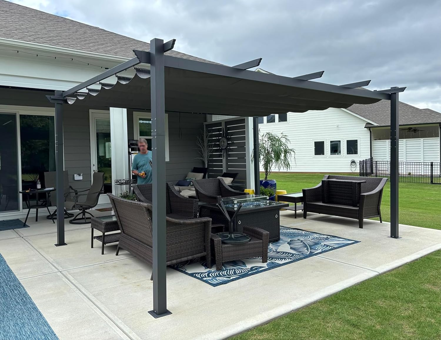 etevert - Pergola aluminium - 4,8x3,5m - toit coulissant, tissu teint en fil, gris