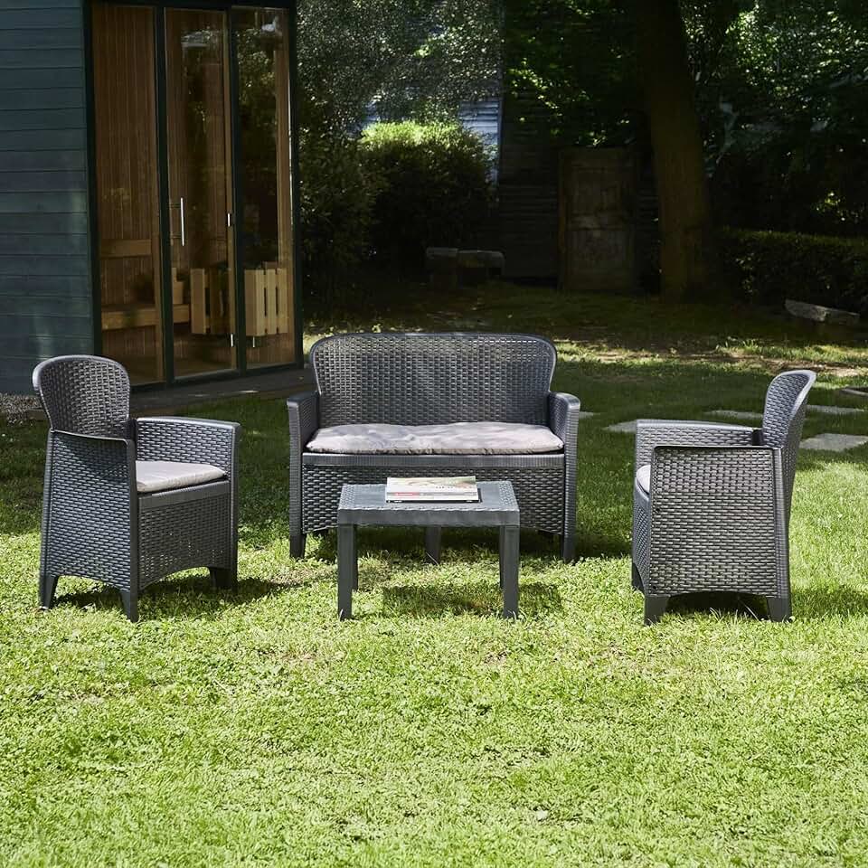 etevert - Ostuni salon de jardin - 2 fauteuils, canapé, table basse, coussins, effet rotin, anthracite