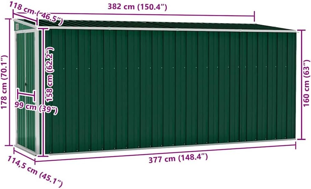 etevert Abri de Jardin Mural Vert 118x382x178 cm Acier galvanisé,Structures extérieures, Cabanes & abris de Jardin,316229