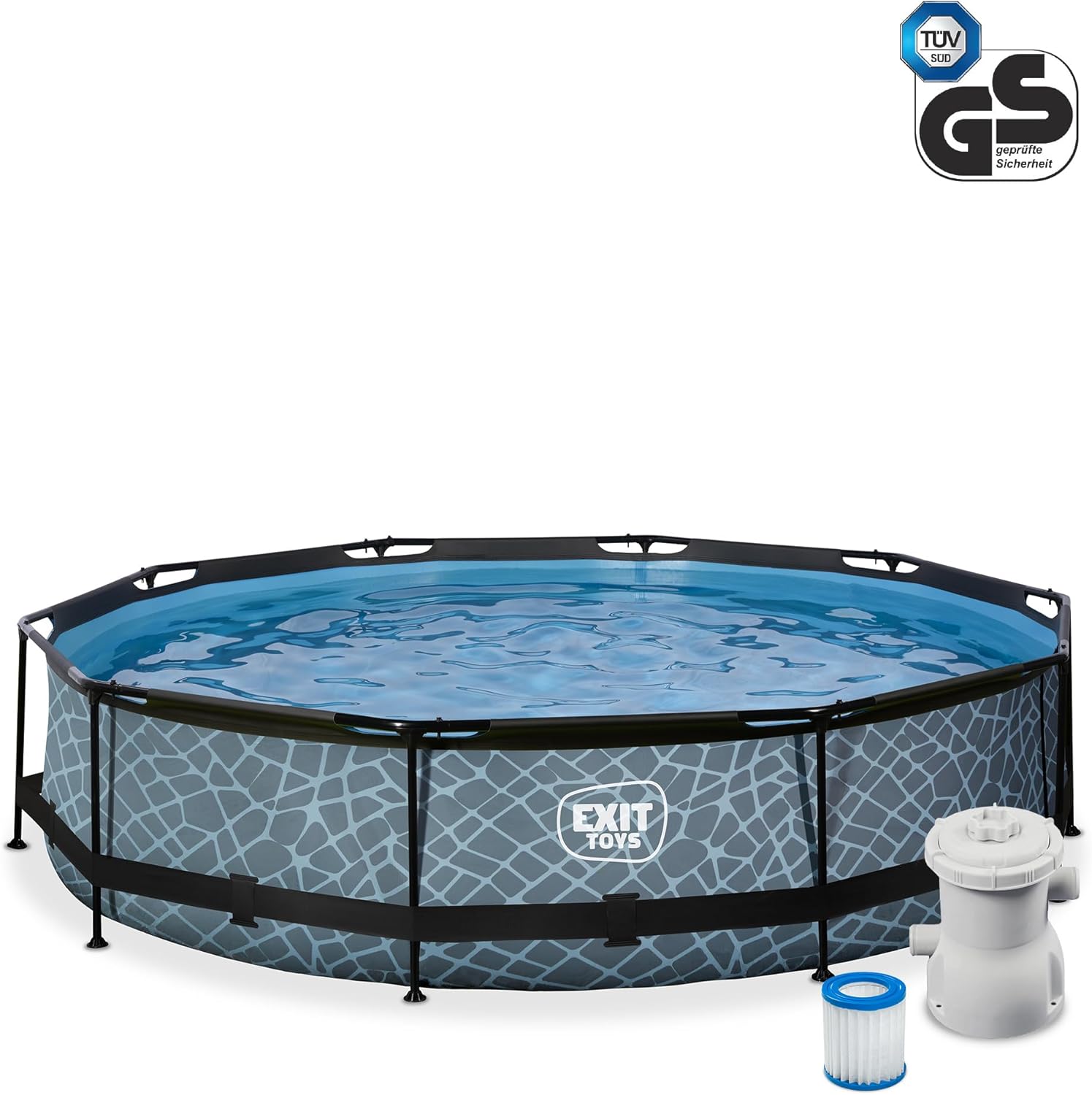 etevert Piscine Tubulaire Stone - ø360x76cm - Piscine Hors Sol Ronde Grande avec Pompe Filtrante à Cartouche - Entrée Basse - Idéal pour Les Jeunes Enfants - Cadre Stable - Design Unique - Gris